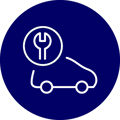 A white outline of a car with a white circular border containing a spanner icon above it, set on a dark blue circular background.