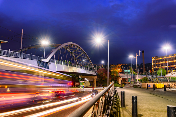 Park Square Bridge, also known as the Supertram Bridge.This bridge carries the Sheffield Supertram system from Commercial Street onto the Park Square roundabout.