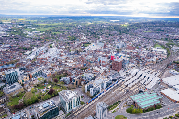 Aerial view of the Railway and Downtown Reading, Berkshire