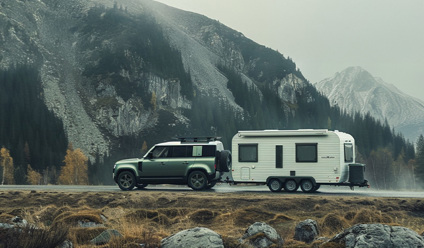 Land Rover Defender towing a large twin-axle caravan on a mountain road