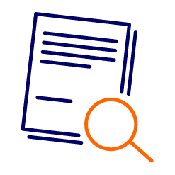 blue document graphic with orange magnifying glass